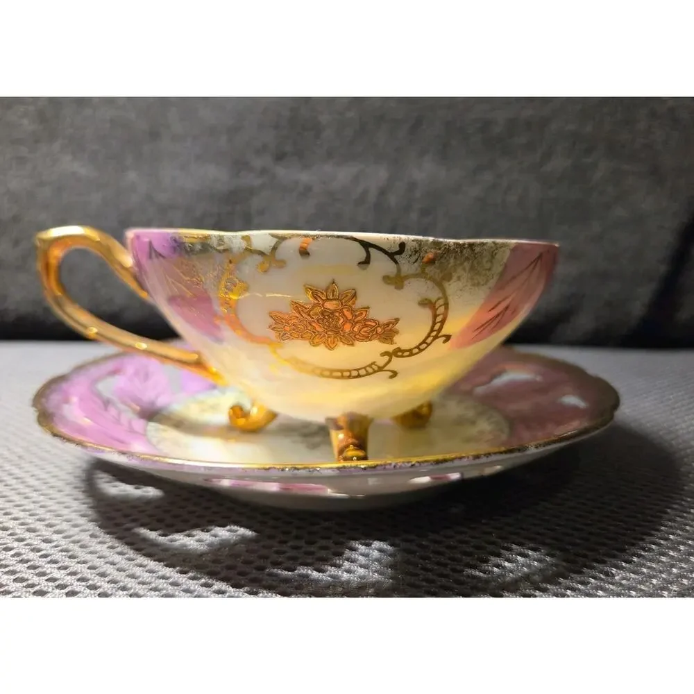 vintage Japanese lusterware porcelain teacup and saucer set Lace Design